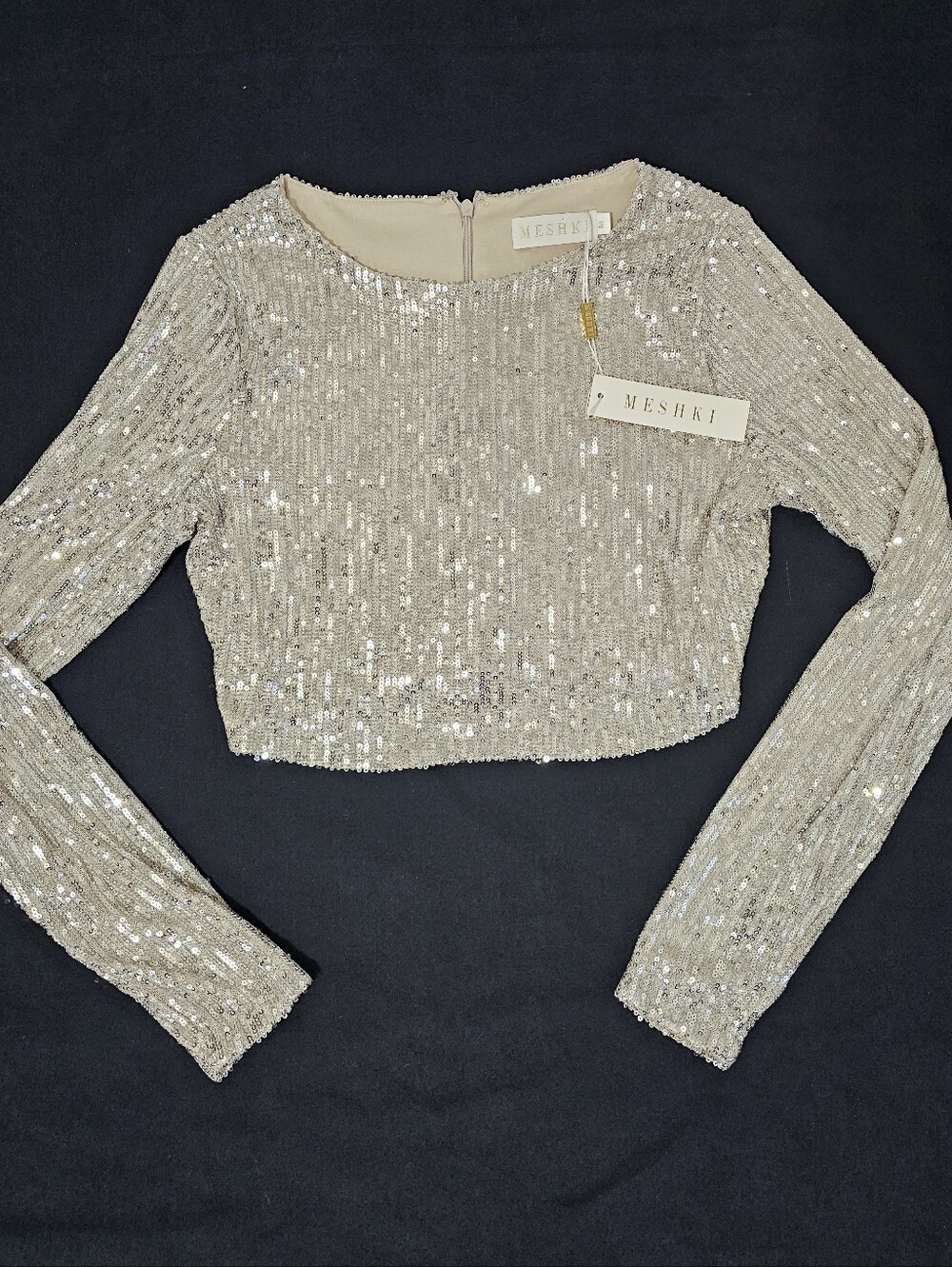 NWT MESHKI Christina Silver Sequin Long Sleeve Crop Top Sz M Party Holiday Glam - Picture 3 of 11
